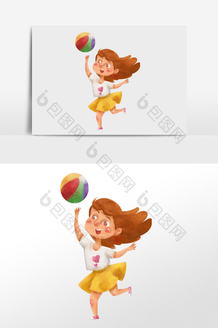 水彩手绘元素跳跃打球的小女孩