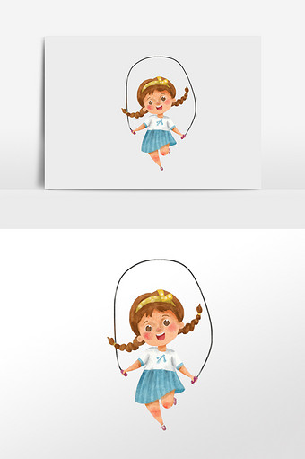 水彩手绘元素跳绳的扎马尾的小女孩图片