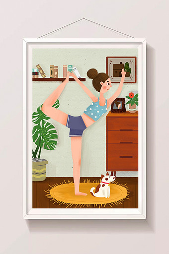 生活方式健身瑜伽女孩手绘插画海报图片