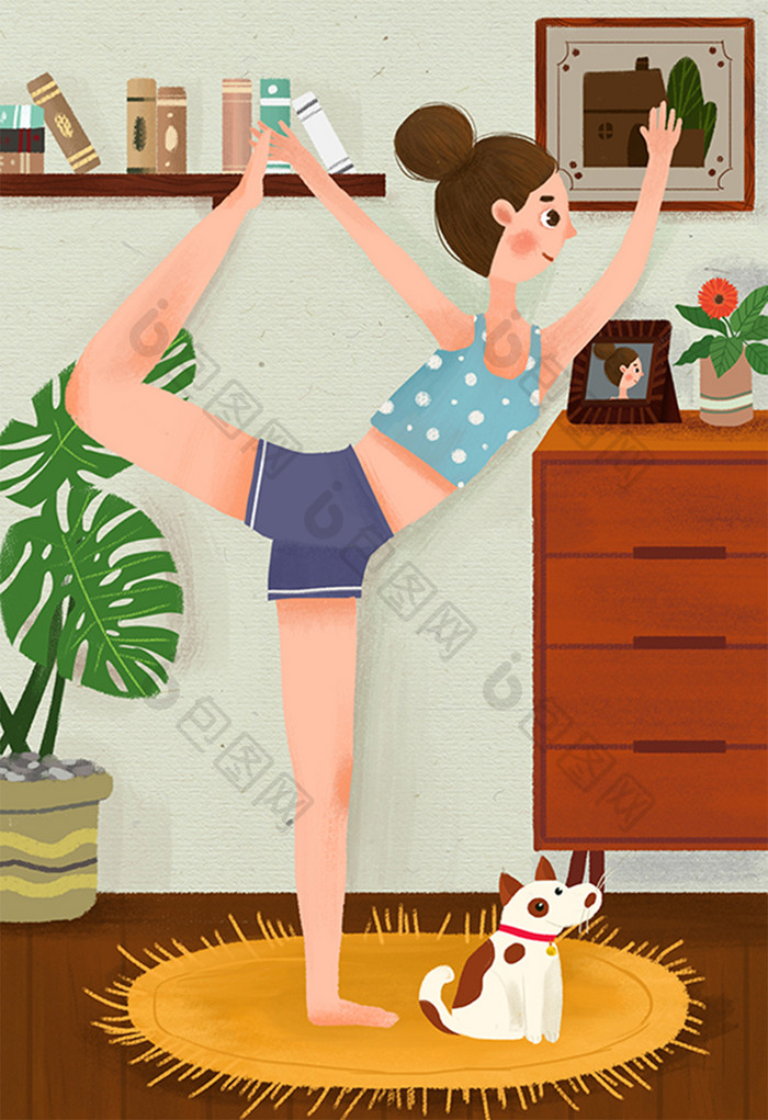 生活方式健身瑜伽女孩手绘插画海报