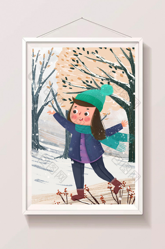 下雪了雪地里可爱女孩手绘插画海报