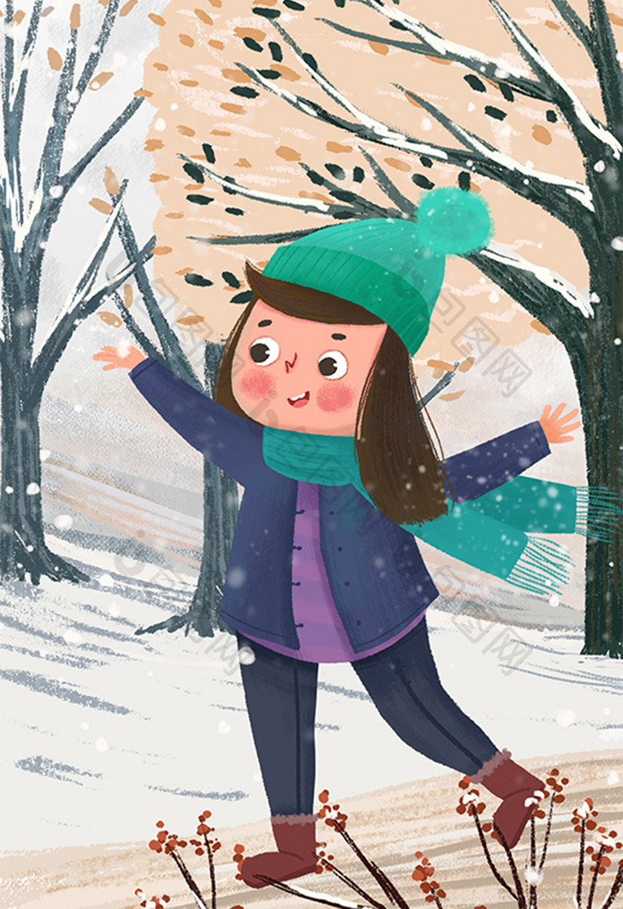 下雪了雪地里可爱女孩手绘插画海报