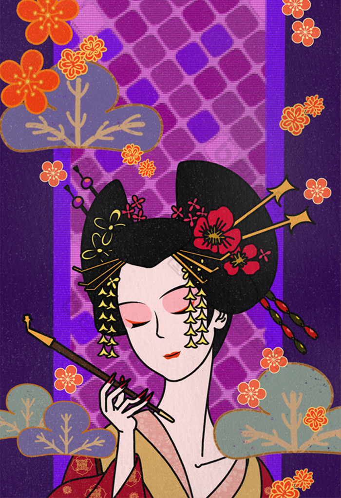 紫色日本浮世绘中国风日式和风艺伎花魁插画