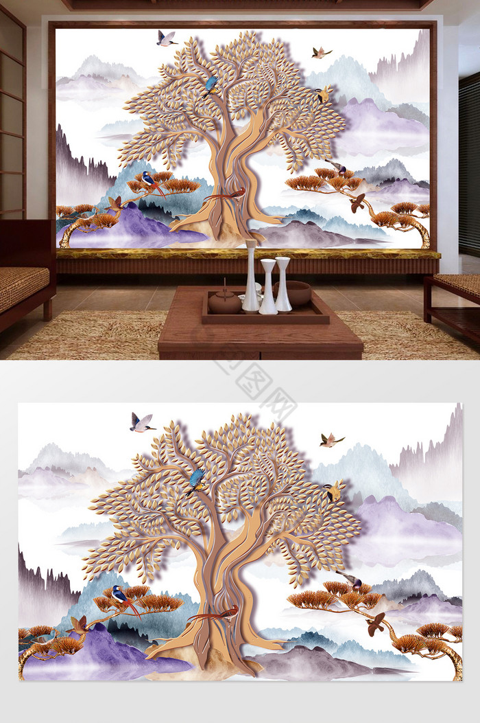 抽象山水意境树背景墙图片