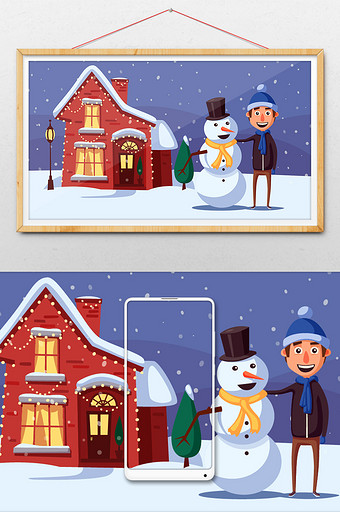 卡通风下雪的圣诞节堆雪人图片