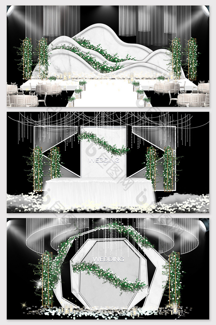 现代简约小清新白绿婚礼舞台效果图
