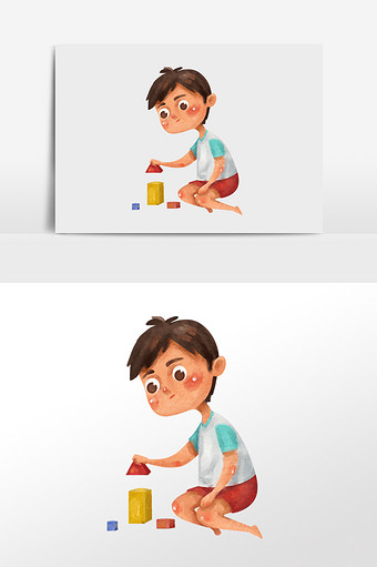 水彩手绘元素玩积木的小男孩图片