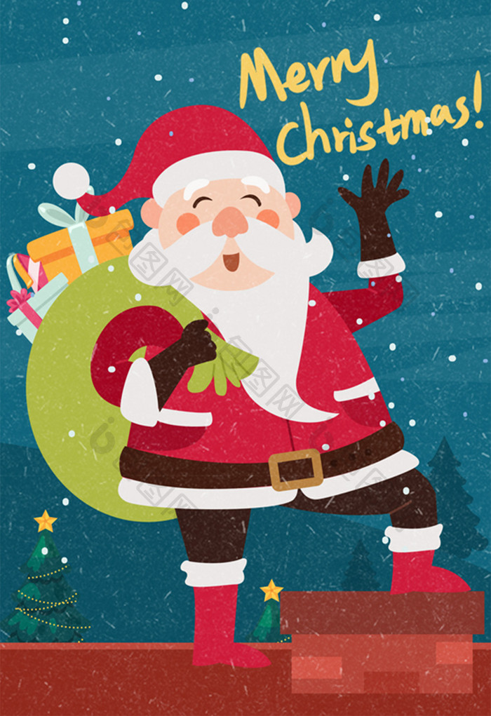 复古风扁平卡通圣诞节圣诞老人插画海报