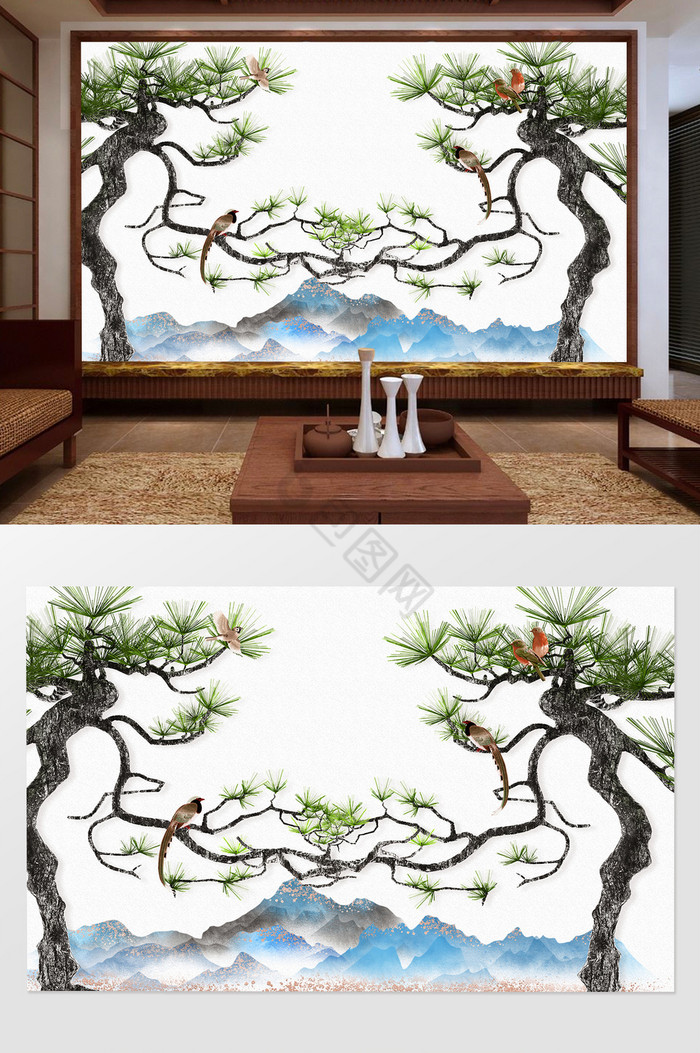 新中式松树背景墙图片