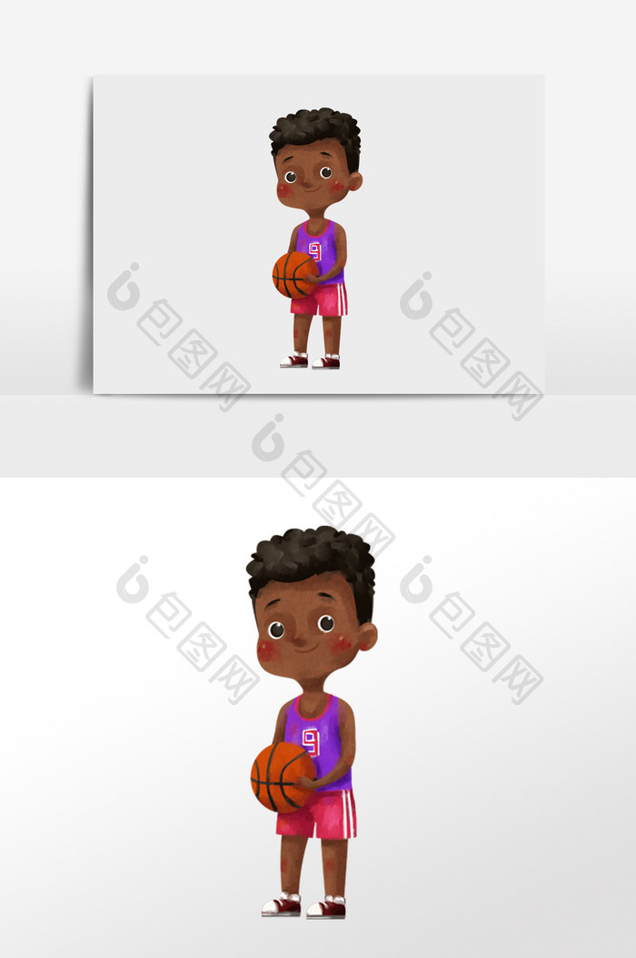 水彩手绘元素拿着篮球的黑人小朋友