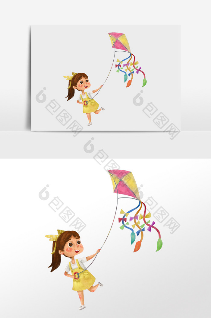 水彩手绘元素放风筝的小女孩