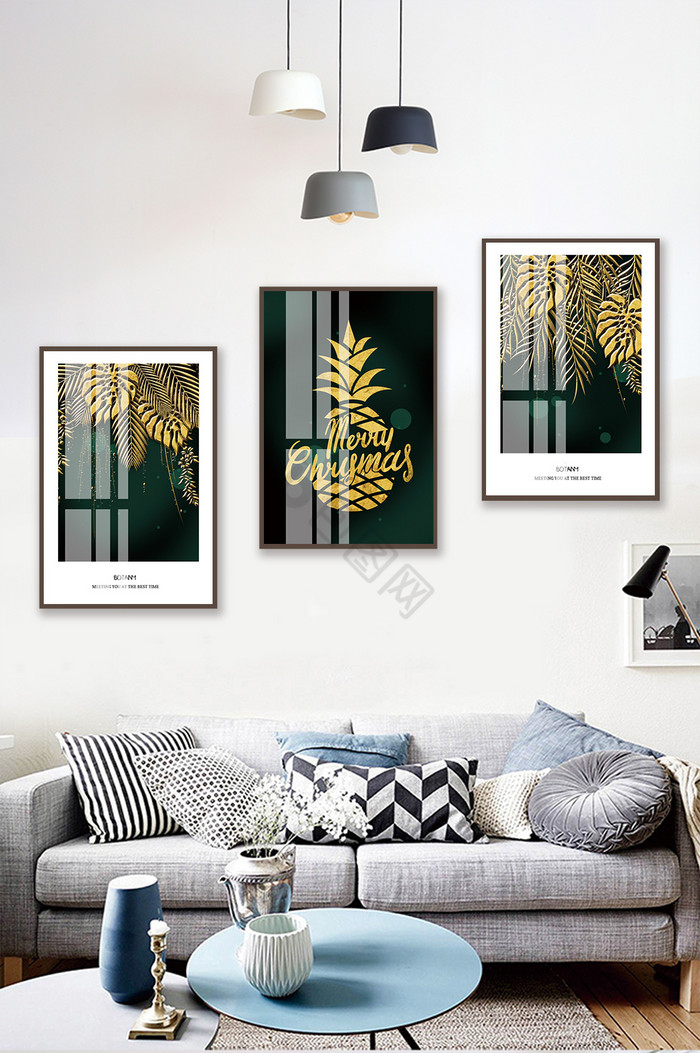 简约金色植物树叶晶瓷风景酒店客厅装饰画图片