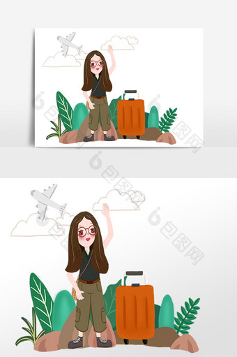 手绘节假日拉行李旅游女孩插画素材图片