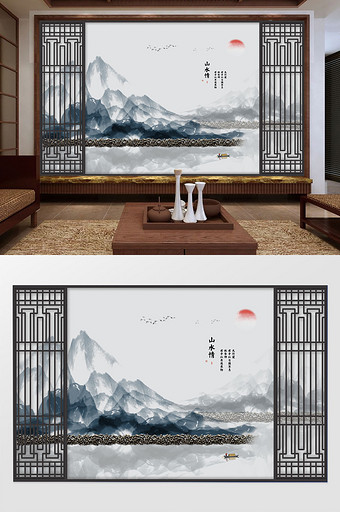 新中式水墨蓝色山水中国风书法软包背景墙图片