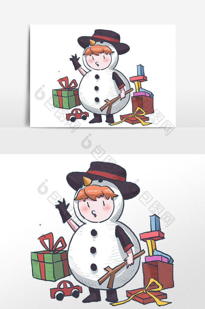手绘圣诞节卡通雪人装扮人物插画素材