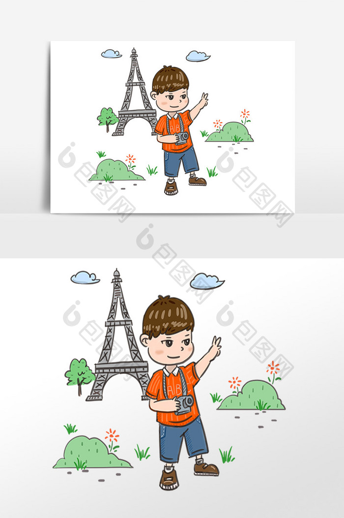 手绘节假日巴黎旅游人物插画素材