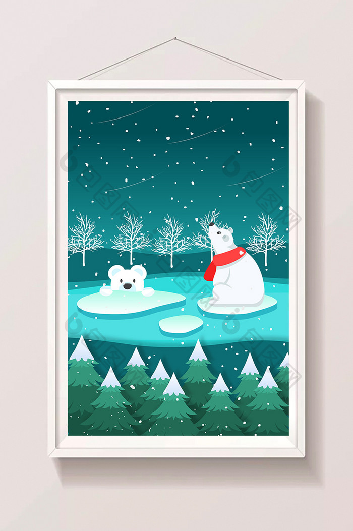 卡通清新大雪节气北极熊冬夜雪景插画