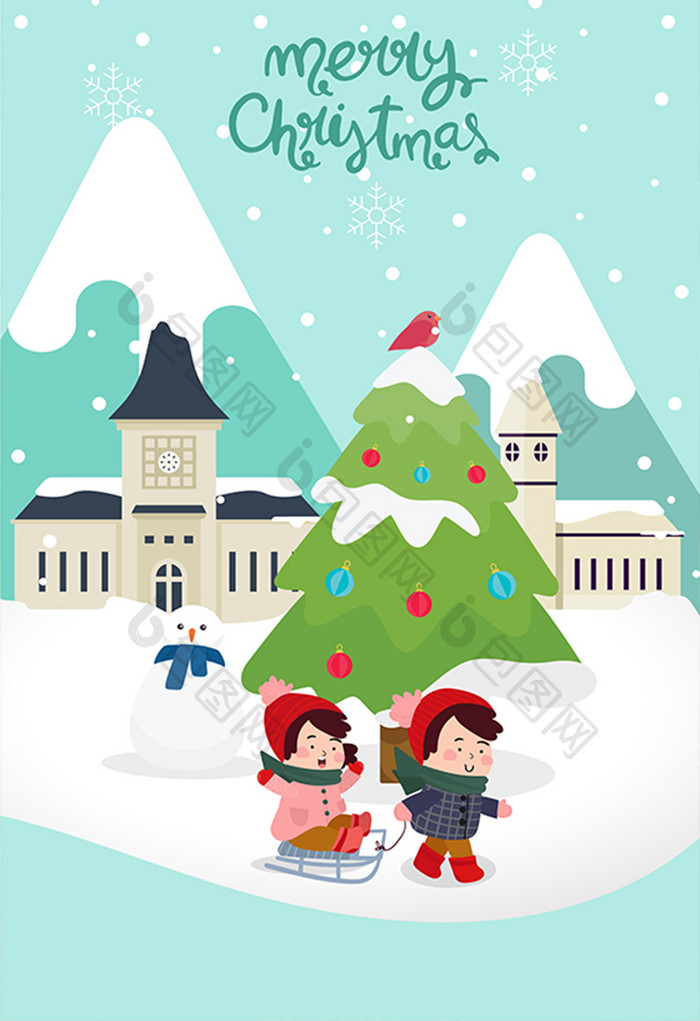 卡通清新小孩滑雪圣诞节圣诞树雪景插画