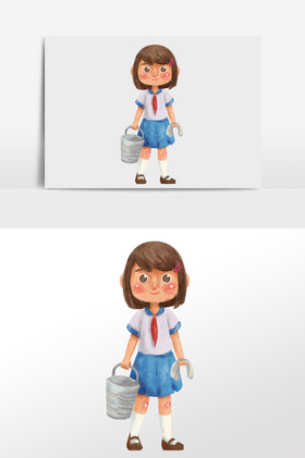 提着水桶搞卫生的小女孩学生