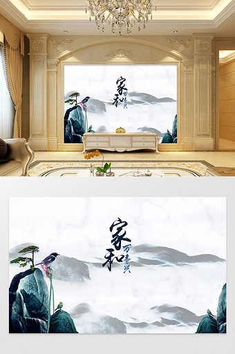 中式家和万事兴花鸟树桩电视背景墙图片