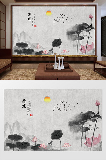 中式意境水墨荷花莲花灰色禅意书法背景墙图片