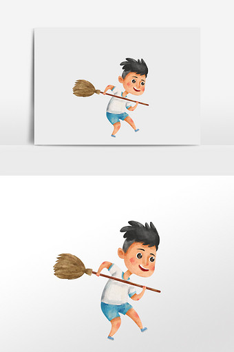 水彩手绘元素打扫卫生拿扫把玩耍的小男孩图片