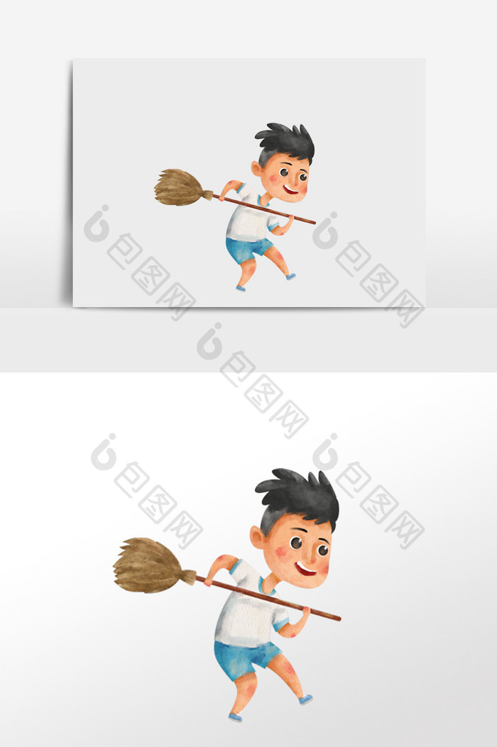 水彩手绘元素打扫卫生拿扫把玩耍的小男孩