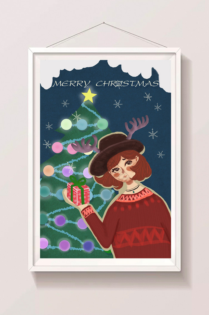 圣诞节美女送圣诞礼物圣诞节插画图片