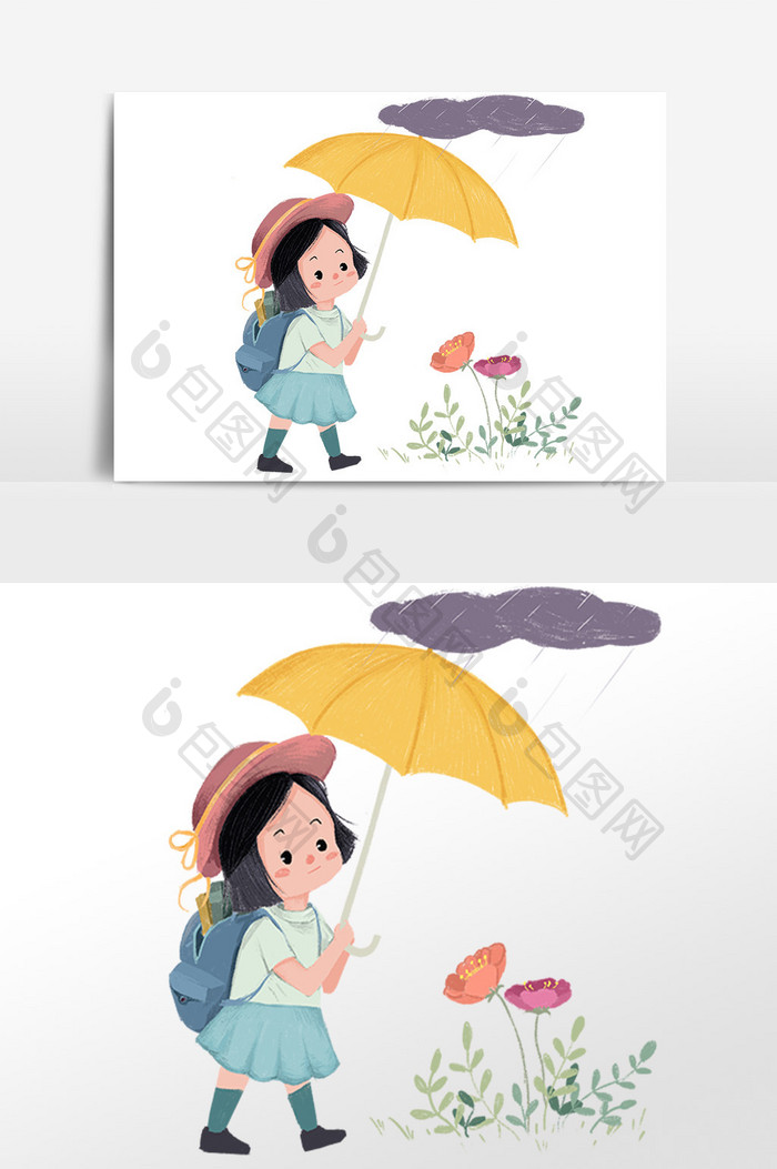 手绘假期旅游女孩打伞插画素材