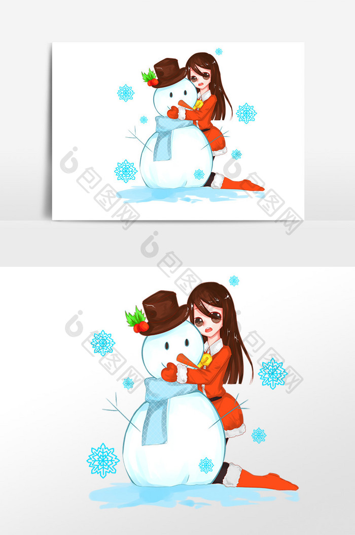 手绘圣诞节女孩堆雪人插画素材