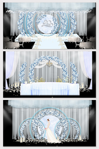 现代简约蓝色小清新花艺主题婚礼舞台效果图图片
