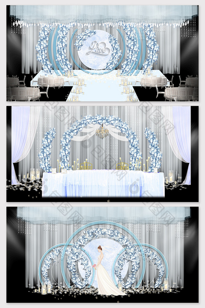 现代简约蓝色小清新花艺主题婚礼舞台效果图