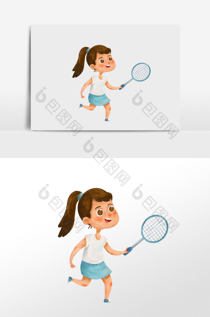 水彩手绘元素拿着羽毛球拍打羽毛球的女生