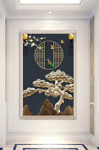 金树鹦鹉玄关背景墙图片