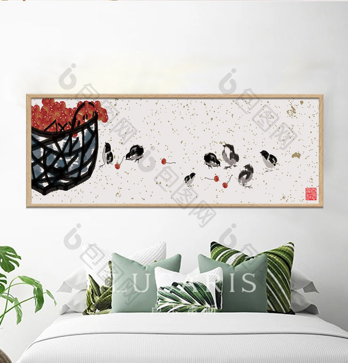 中国风手绘水墨动植物小鸡书房酒店装饰画
