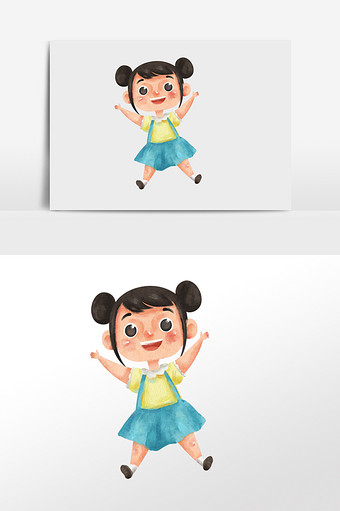 水彩手绘元素开心高兴跳跃的小女孩图片