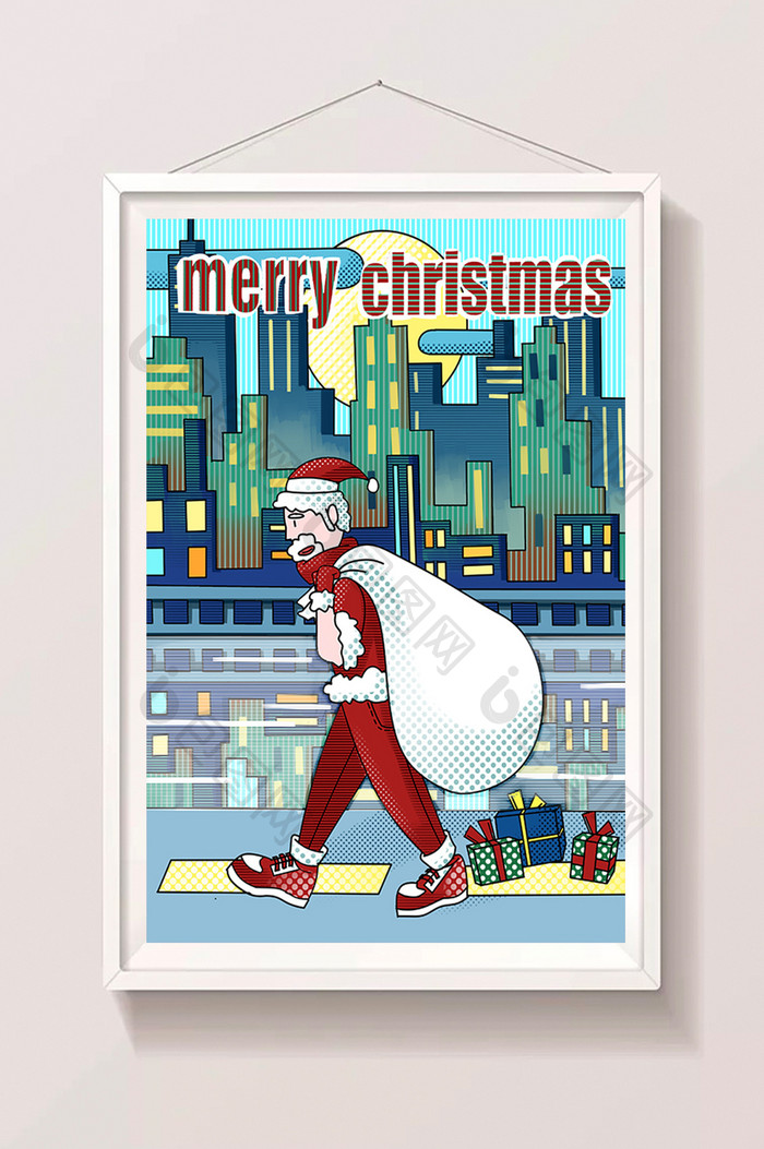 圣诞节城市圣诞老人卡通创意插画