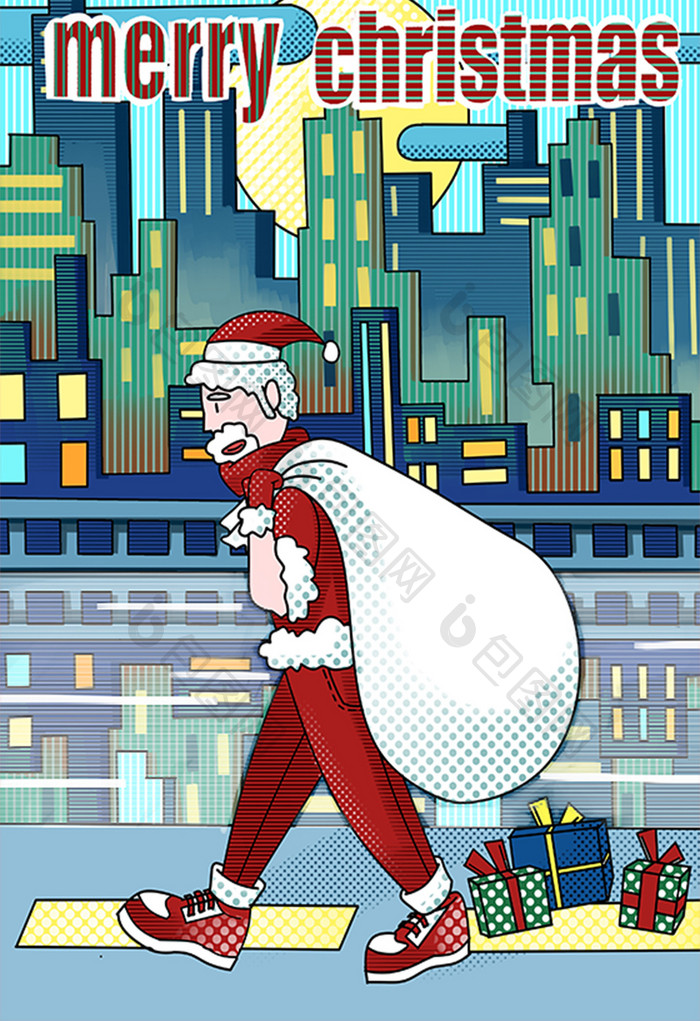 圣诞节城市圣诞老人卡通创意插画