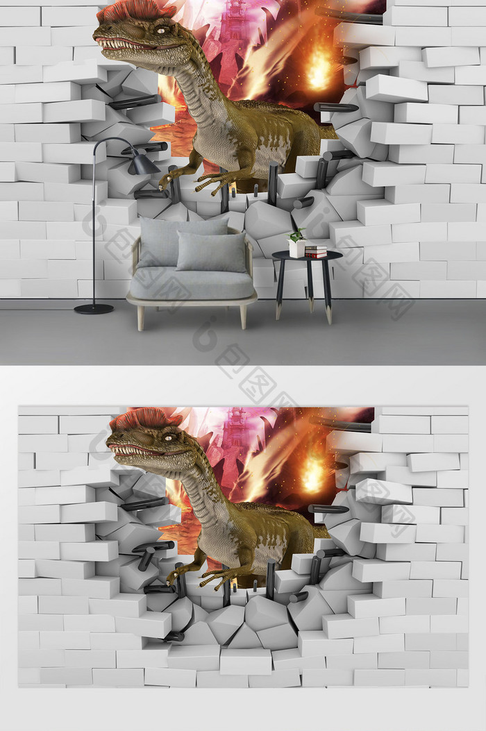 3D砖墙残墙侏罗纪恐龙电视背景壁画