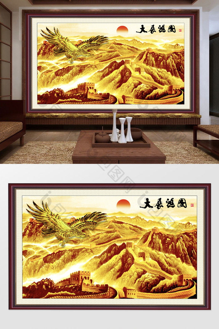 中式金色大气长城飞鹰大展宏图电视背景墙图片图片