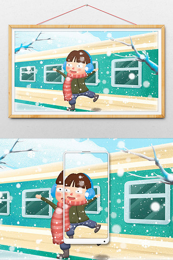 卡通大雪冬日室外插画图片