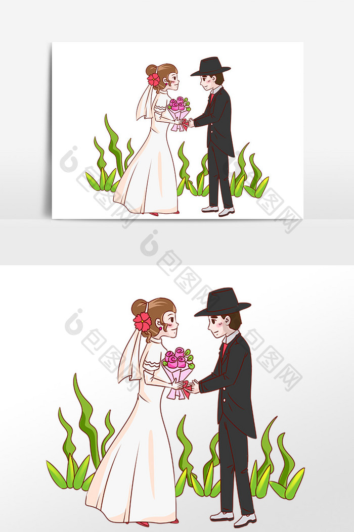 手绘西式婚礼浪漫新郎新娘插画素材