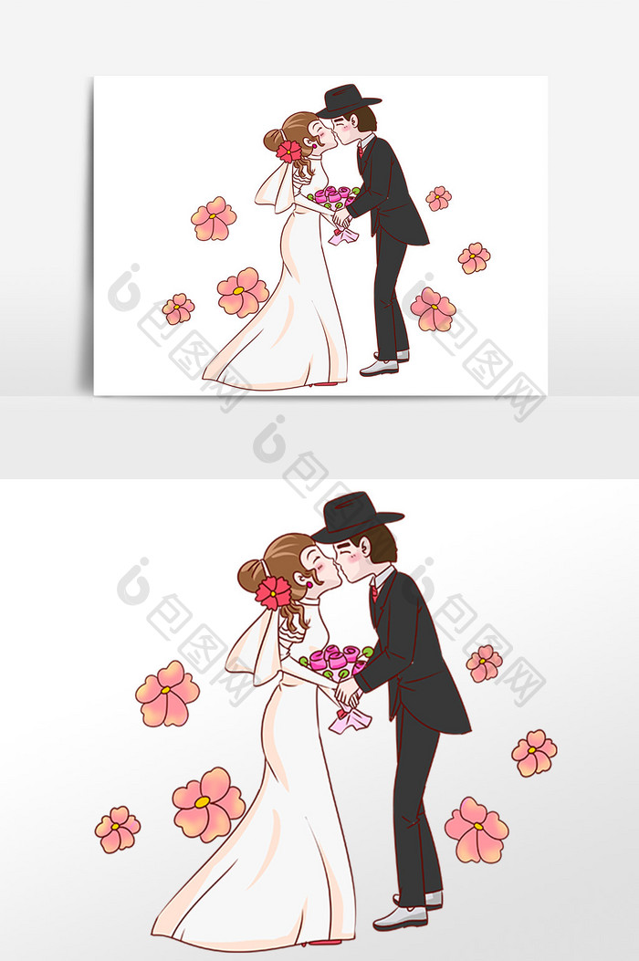 手绘西式婚礼接吻新郎新娘插画素材