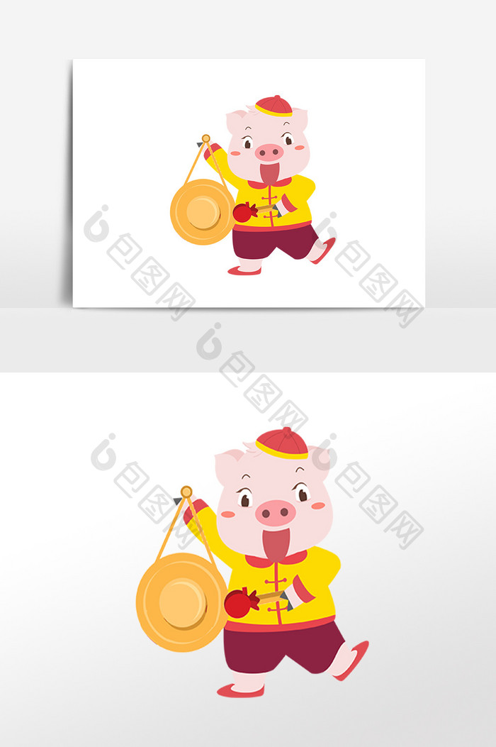 新年小猪吉祥物敲锣手绘插画