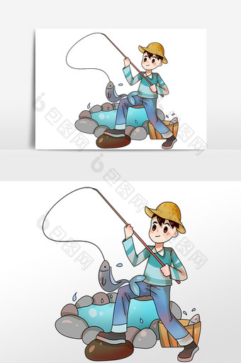 手绘旅游玩耍男孩钓鱼插画素材图片
