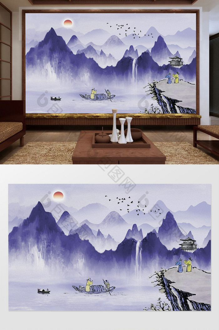 新中式抽象水墨山水瀑布电视背景墙