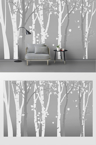 手绘现代简约抽象树林白桦林电视背景墙图片