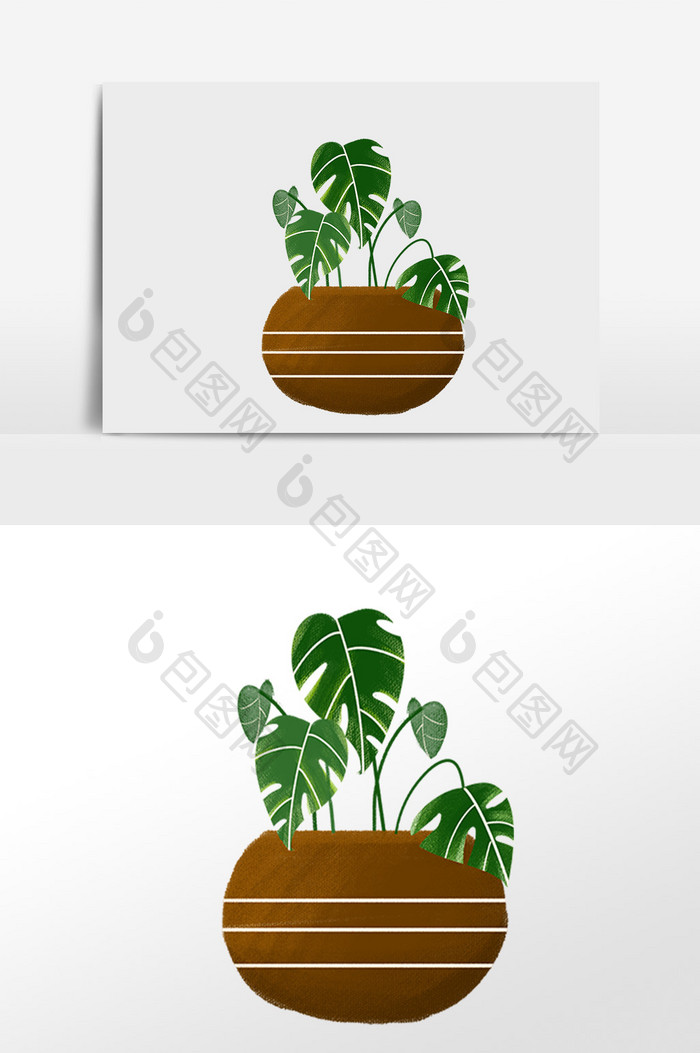 手绘绿色盆栽热带植物插画元素