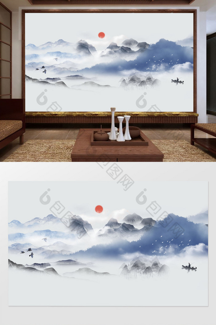 新中式创意水墨国画抽象山水壁画