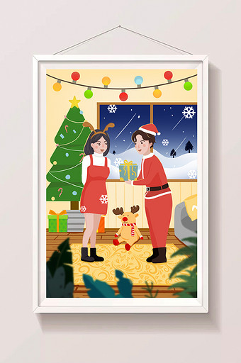 圣诞节下雪天情侣室内送礼物清新插画图片